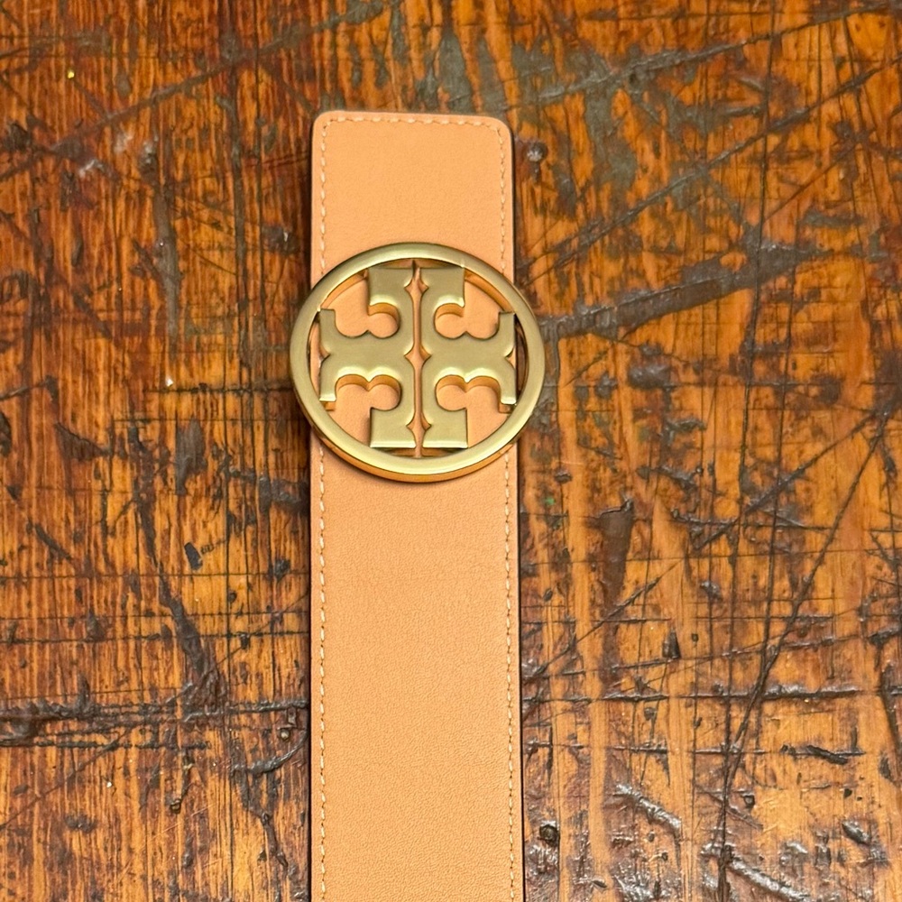 Tory Burch Reversible Camel Leather Belt with Gold Logo